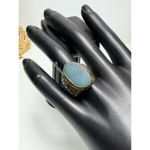Bold Vintage Statement Men's Ring Green Agate Filigree Brass Size 7.5